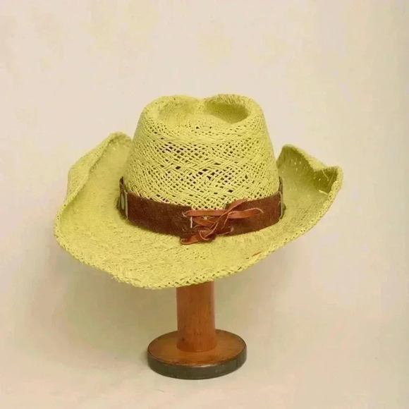 Children Bullhide Cowboy Hat Neon Yellow Straw Woven Western Leather Strap - Picture 1 of 6